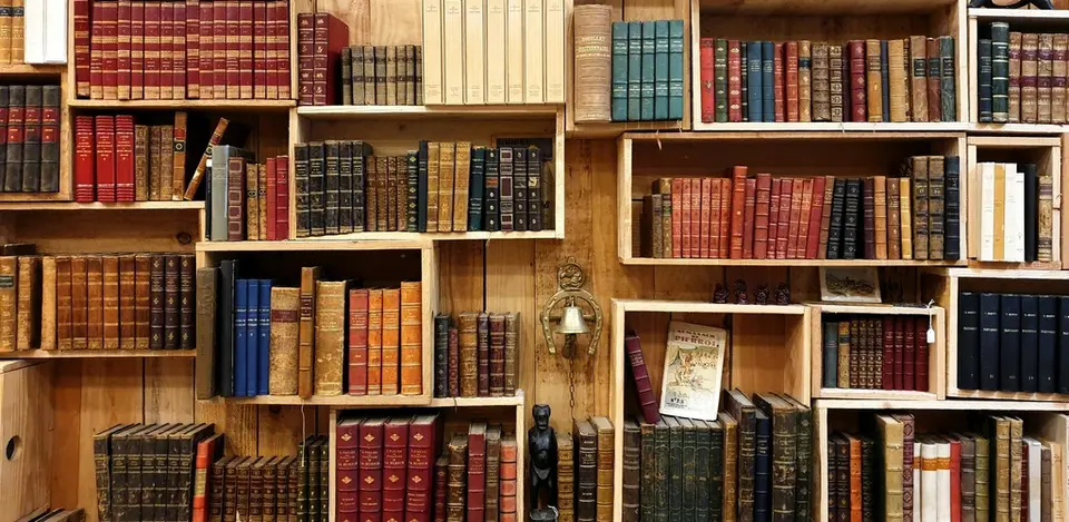 A small library organized onto shelves.