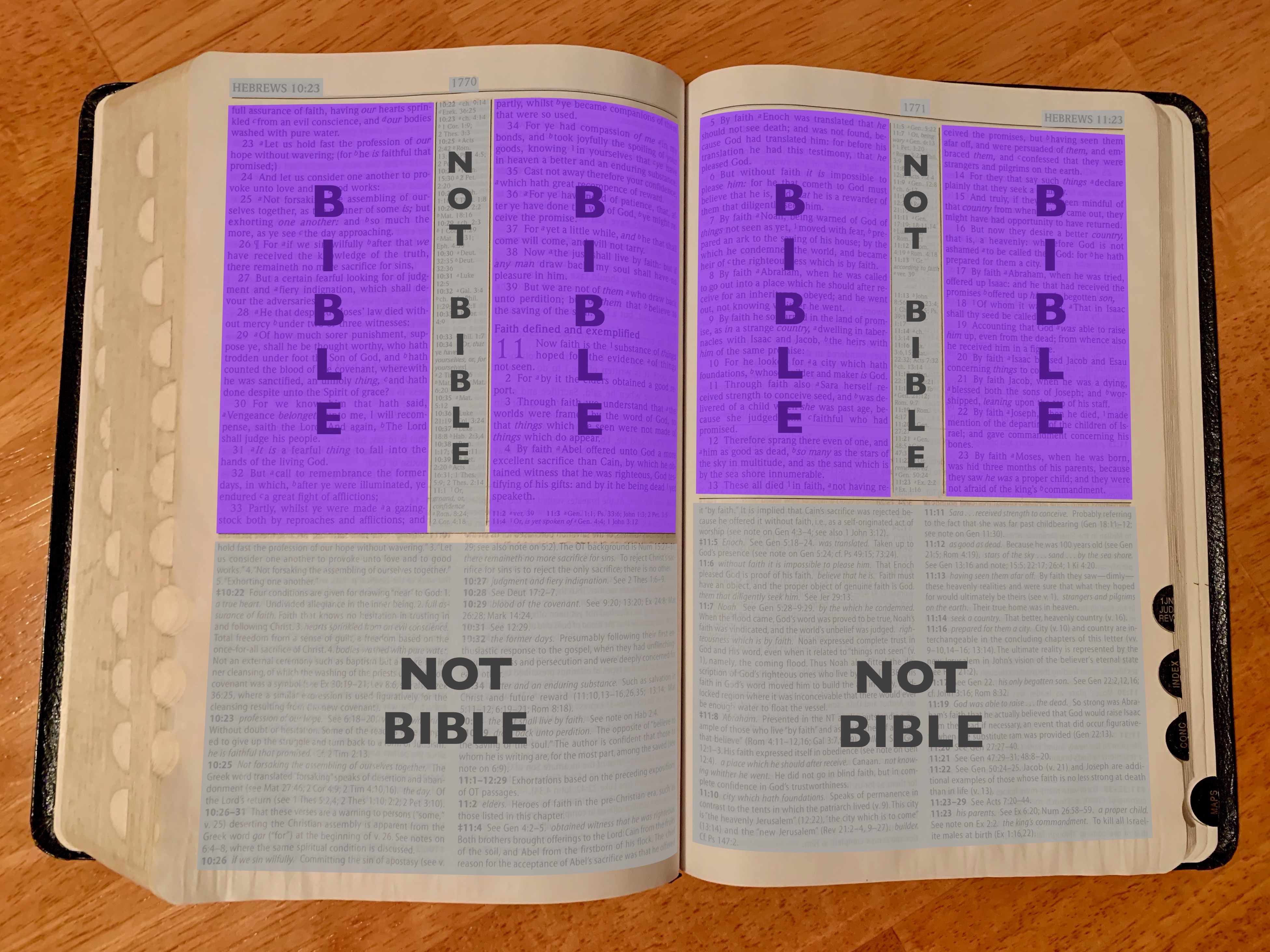 KJV study Bible with scripture highlighted in purple and notes highlighted in gray.