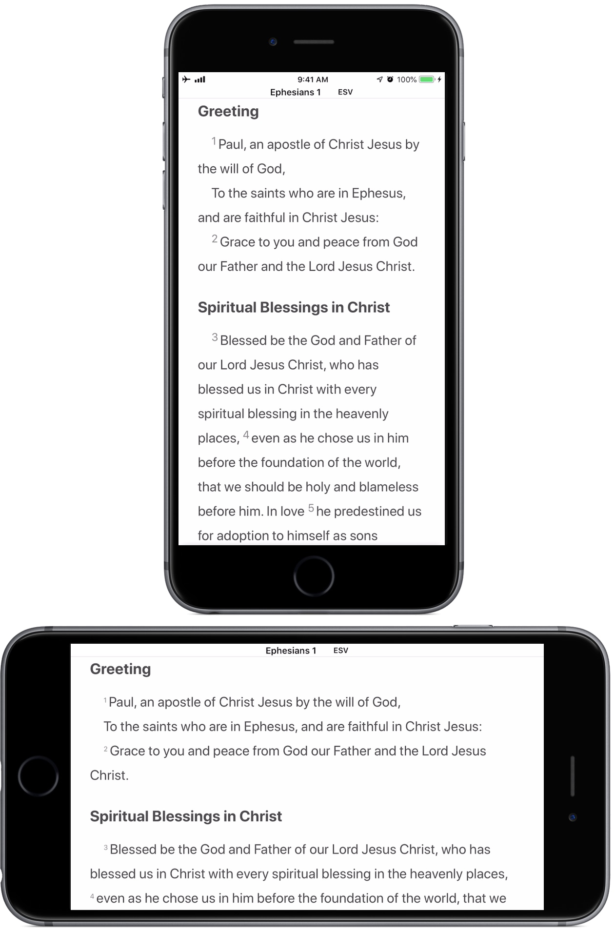 Ephesians 1:1–2 displayed by upright and sideways iPhones.