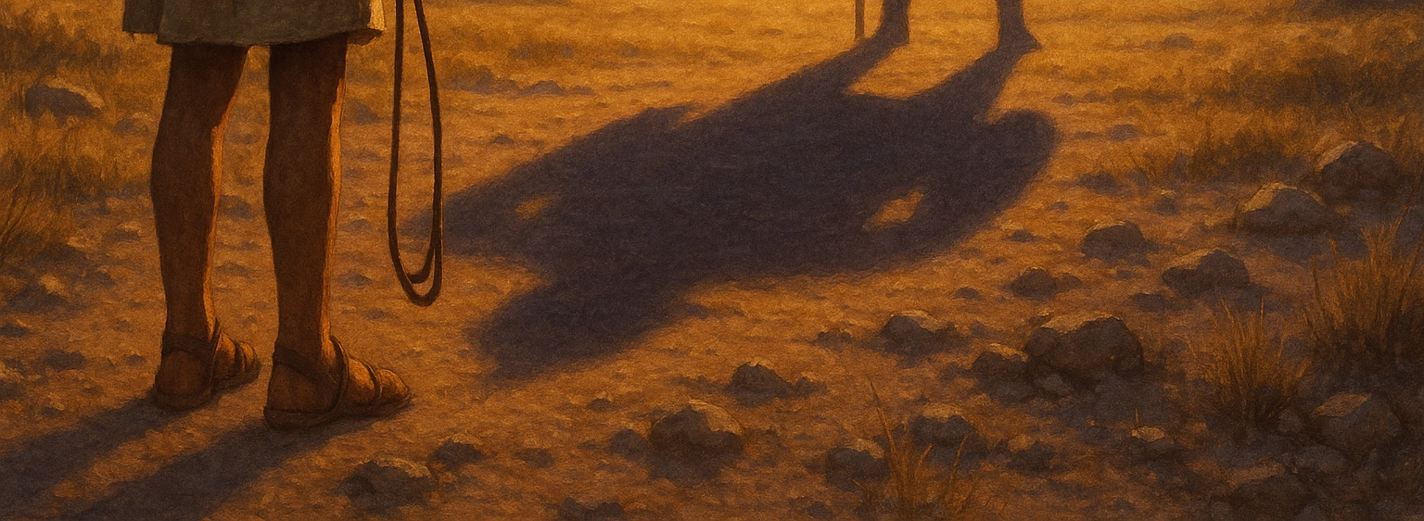 A hand holds a sling; the dirt shows the shadow of a giant warrior.