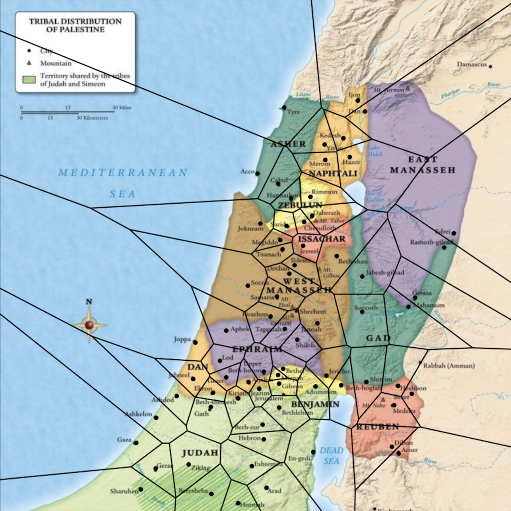 Voronoi diagram using ancient Canaanite cities as the control points