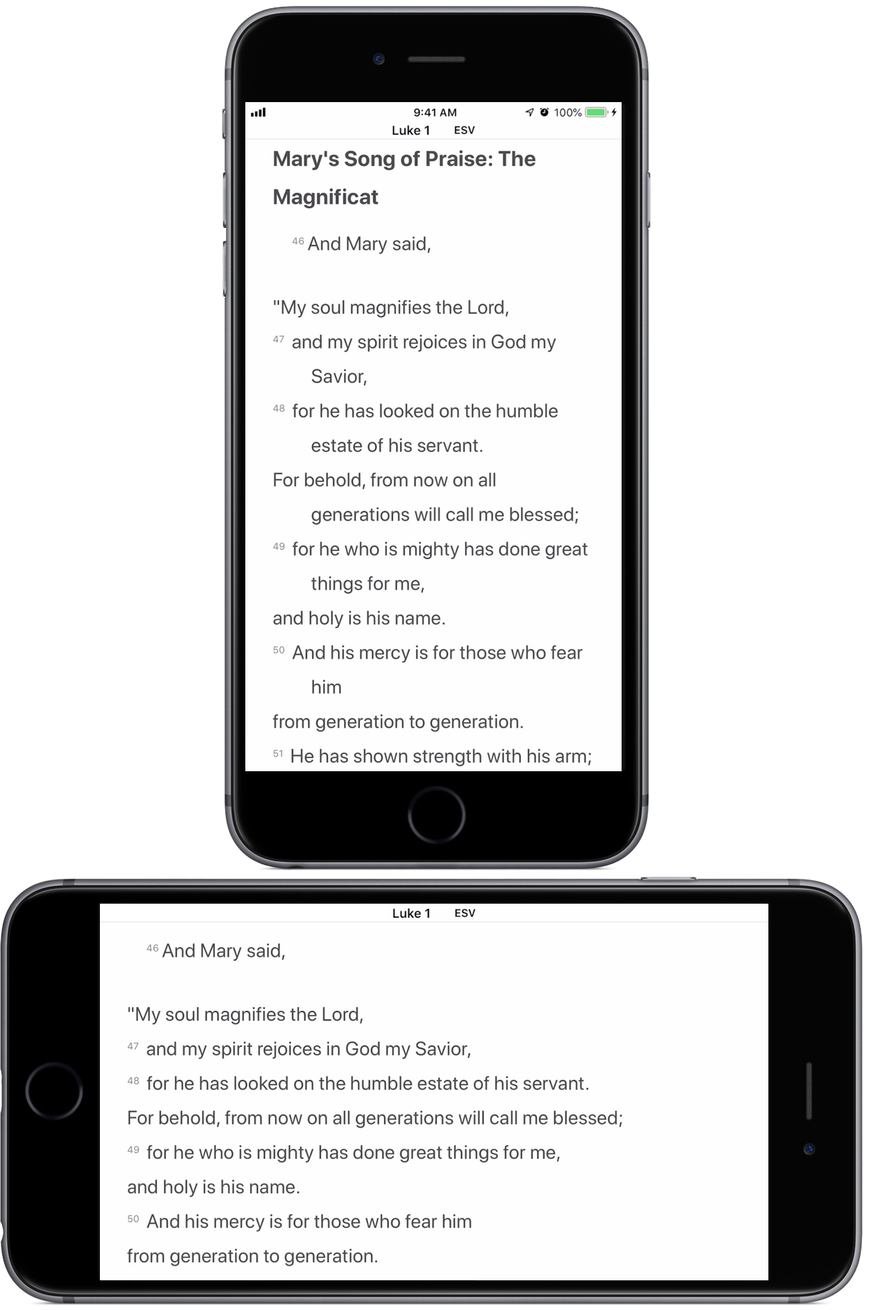 Luke 1:46–50 displayed by upright and sideways iPhones.