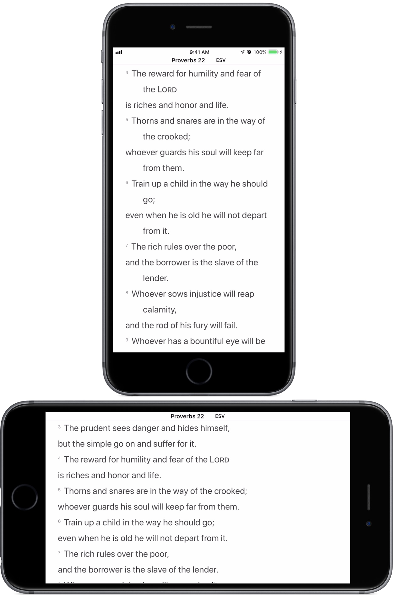 Proverbs 22:4–7 displayed by upright and sideways iPhones.