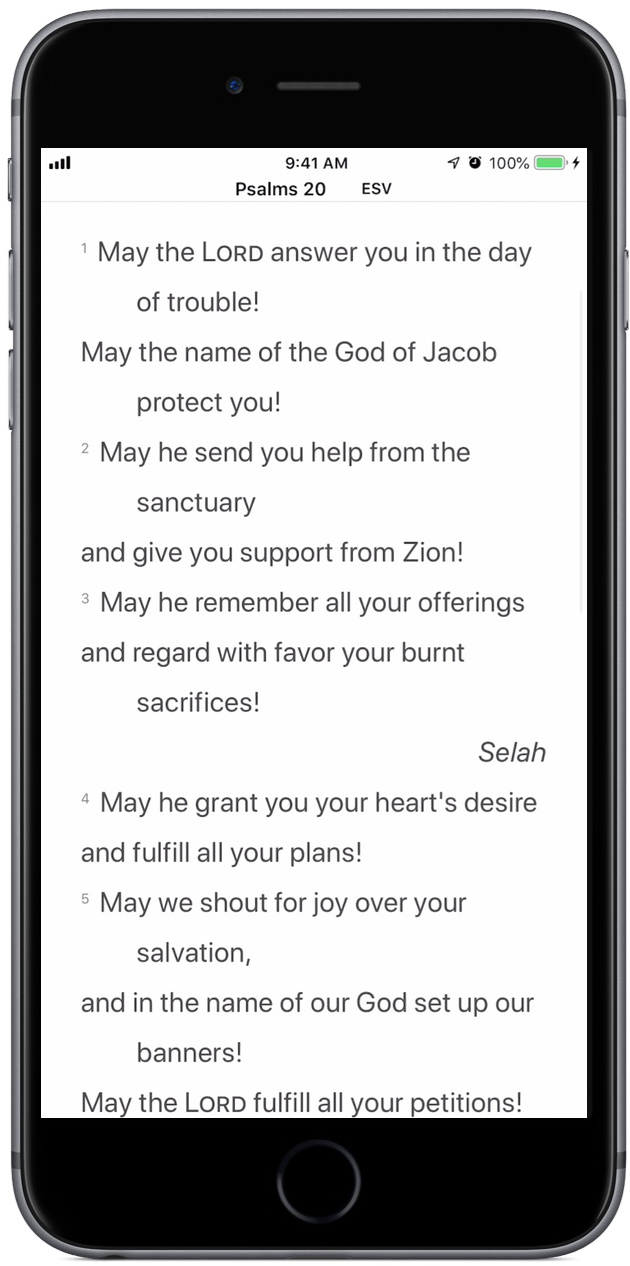 Psalm 20:1–3, as displayed by an upright iPhone