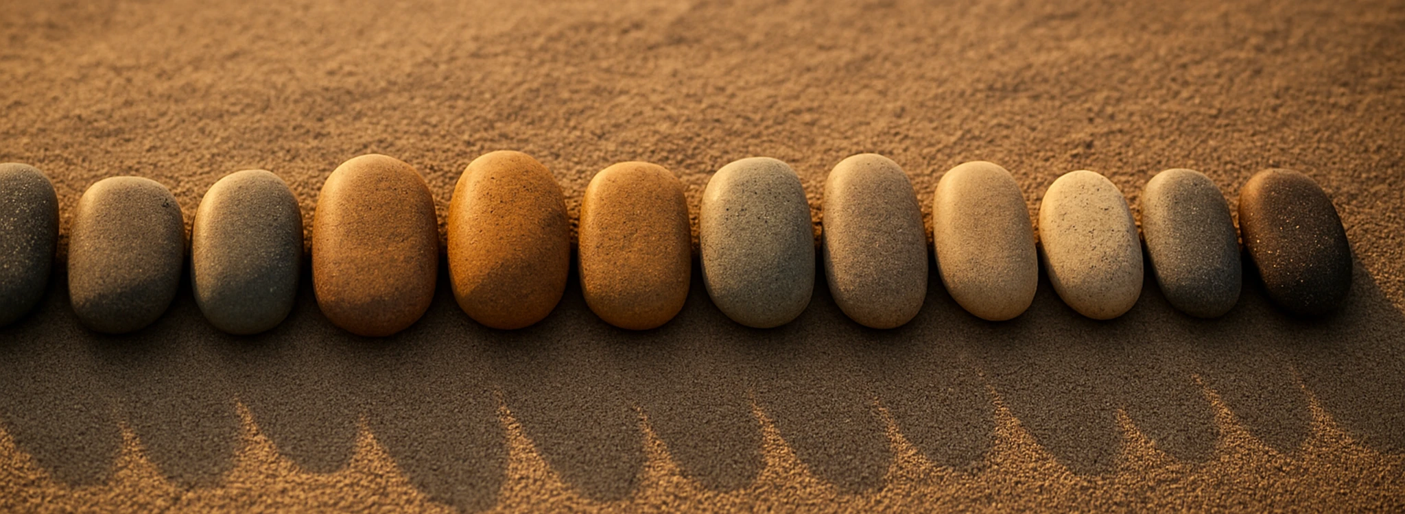 Twelve stones in a row on sand.