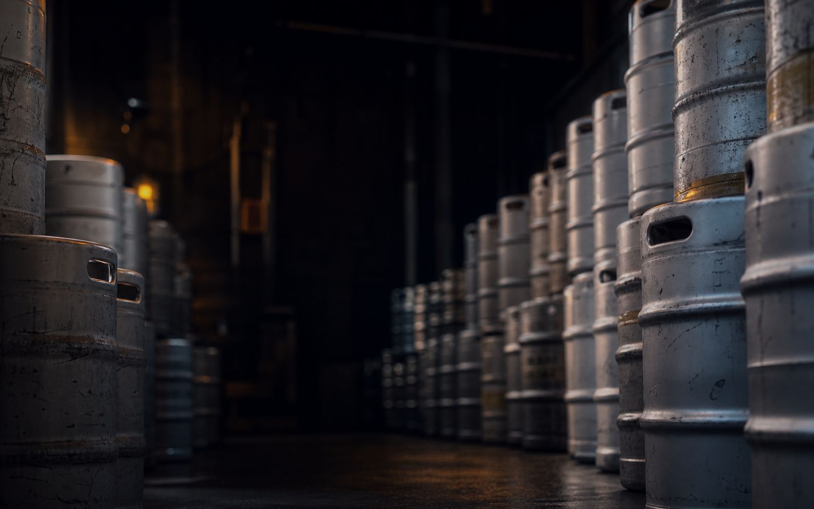 Rows of brewery kegs in a dark taproom.