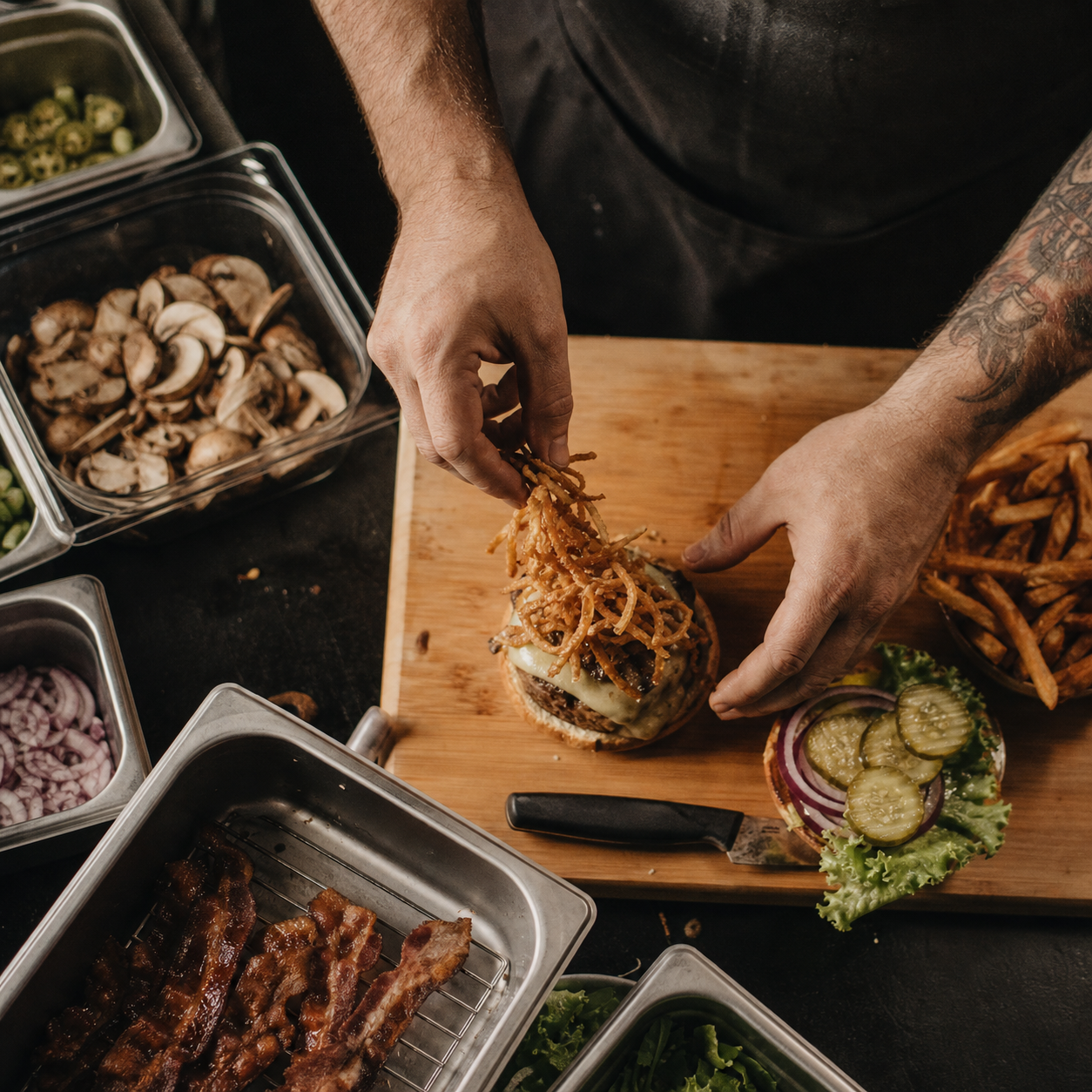 A pub kitchen preparing burgers and fries.