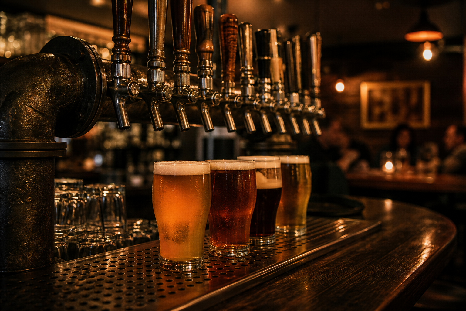 Freshly poured beers under tap handles at a bar.