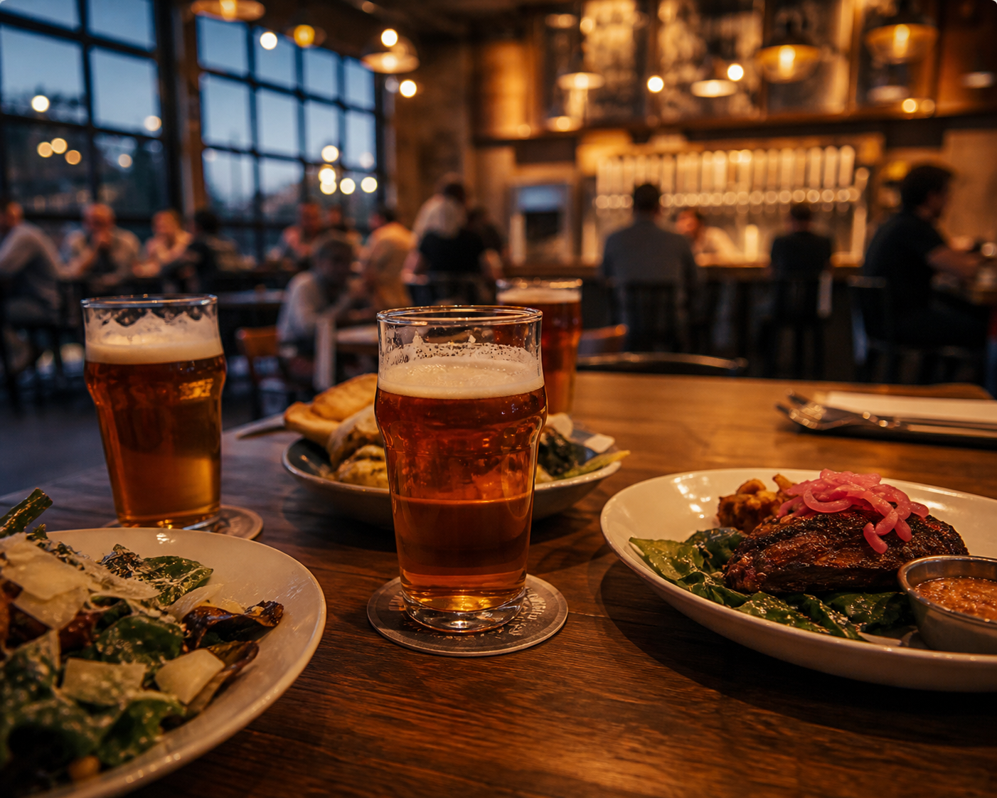 Beer glasses and dinner plates on a brewery table.